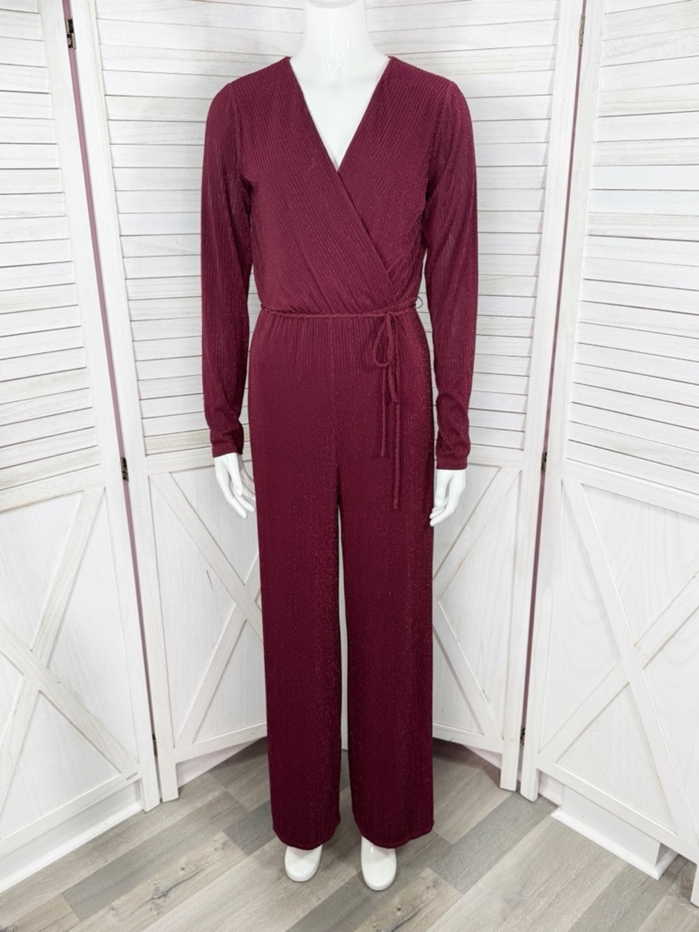 Lily Black Ribbed Shimmer Stretch Knit Wide Leg Jumpsuit Burgundy Red Small